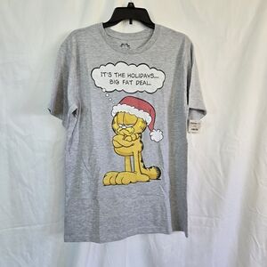Garfield Mens Gray Short Sleeve Christmas Holiday Cartoon Graphic Tee Medium NEW
